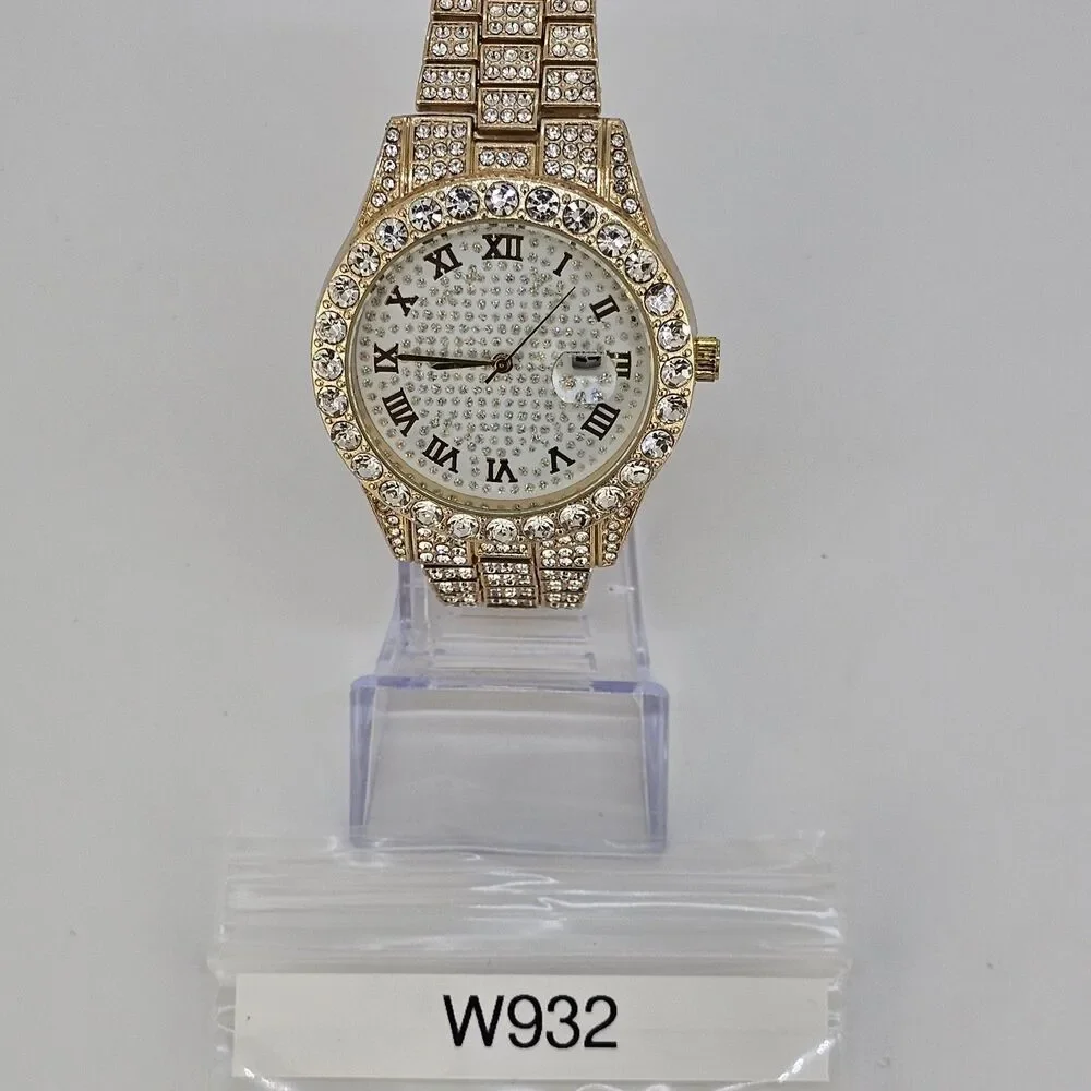 Unisex Watch 42MM Crystal Bling Gold Case Gold Band Date 7.5